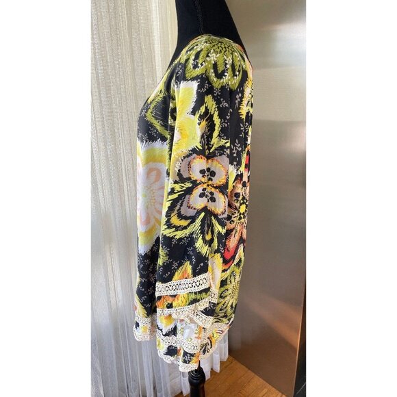 Vintage 80s oversized blouse, black, yellow, lime green flowers, bell sleeves - Picture 5 of 9